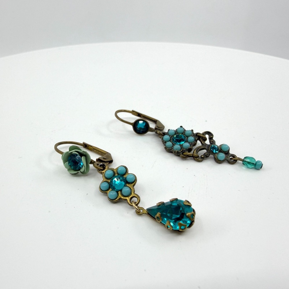 Blue Teardrop Crystal Flower Earrings Vintage Boho Chic Jewelry